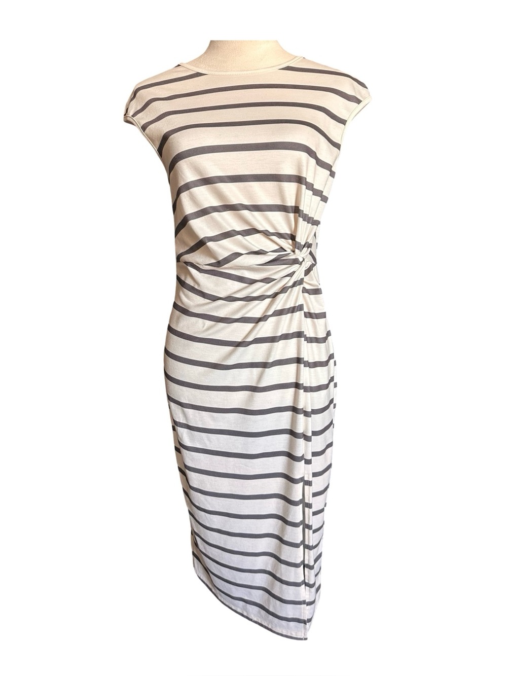 Striped Knot-Side Sheath Dress in Cream and Gray Midi soft NWOT classy